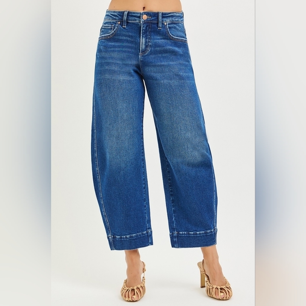 RISEN Mid Rise Dark Wash Barrel Jeans Ankle Cropped Trouser Classic Various NEW - Picture 3 of 6
